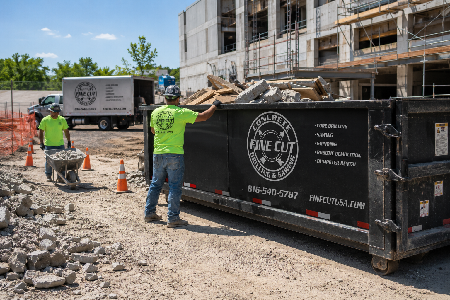 Fine Cut dumpster rental supporting construction debris cleanup on an active commercial jobsite.